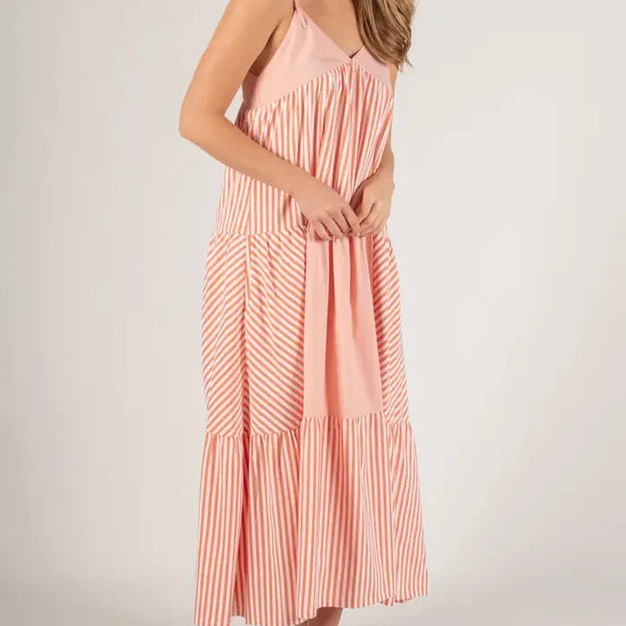 Contrast Stripe Tie Strap Tiered Maxi Dress