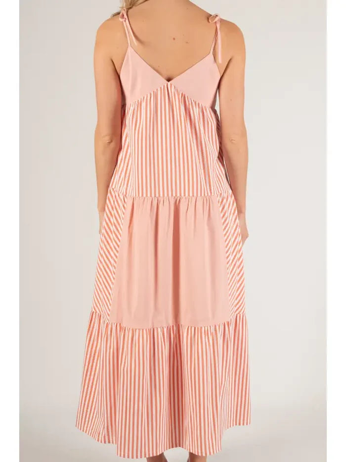 Contrast Stripe Tie Strap Tiered Maxi Dress