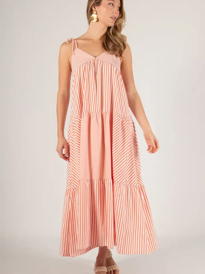 Contrast Stripe Tie Strap Tiered Maxi Dress