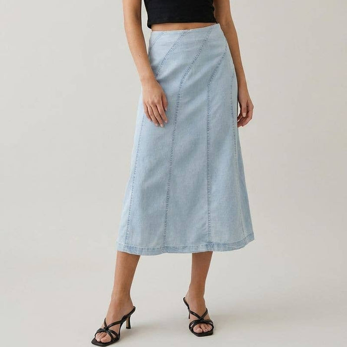 DENIM DIAGONAL LINE DETAIL MIDI SKIRT - 6640S