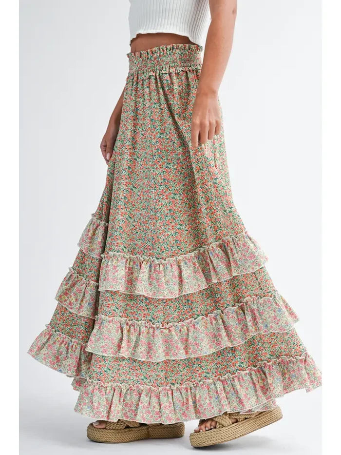 Floral Ruffle Maxi Skirt