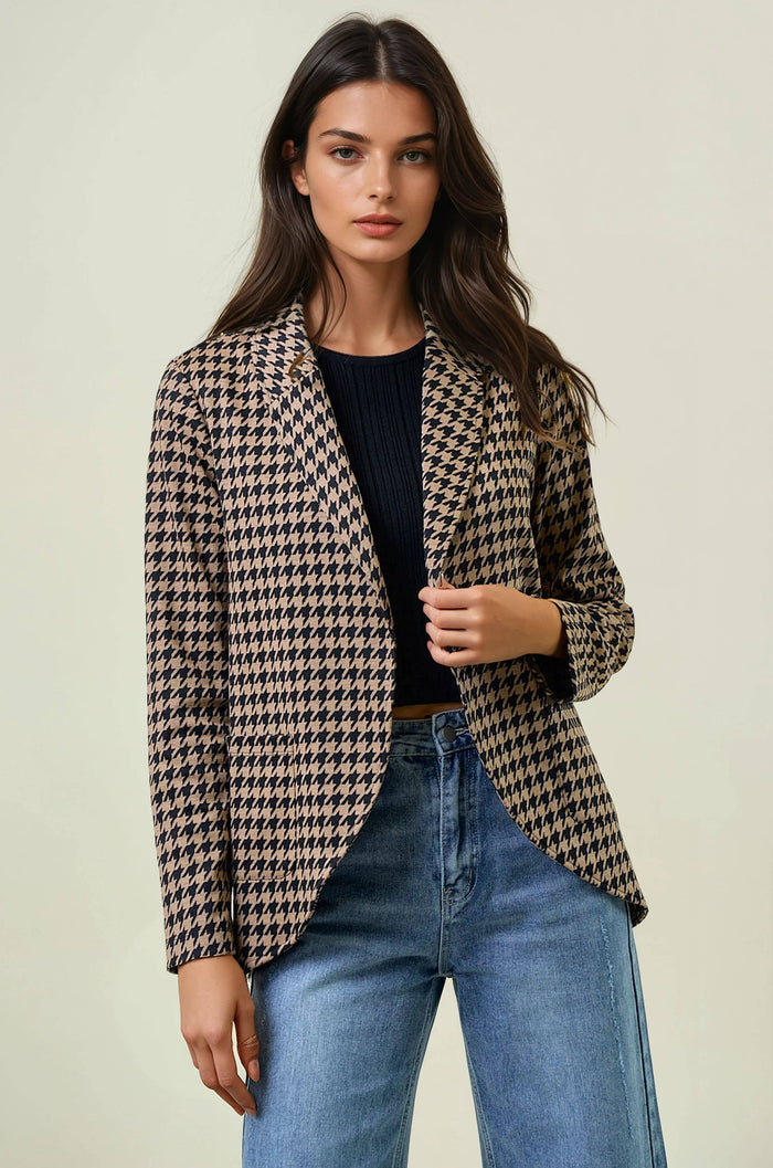 HOUNDSTOOTH JACQUARD SHAWL NECK BLAZER JACKET - 10706J