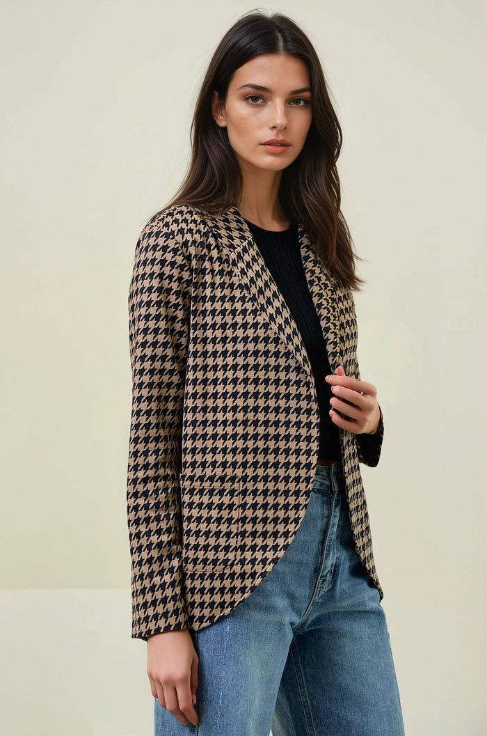 HOUNDSTOOTH JACQUARD SHAWL NECK BLAZER JACKET - 10706J