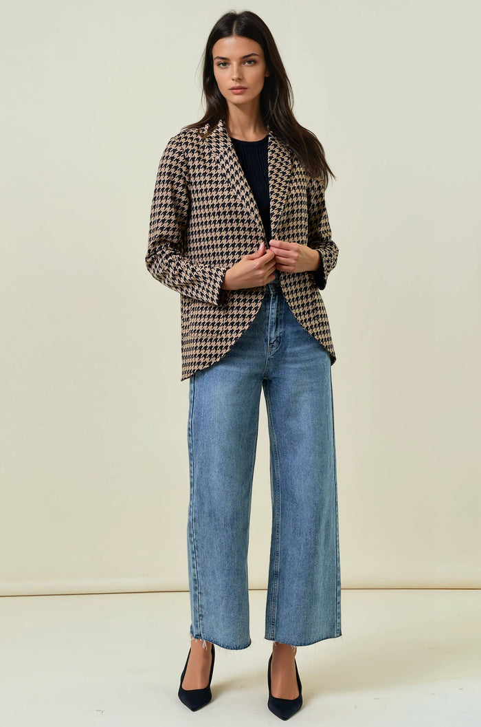 HOUNDSTOOTH JACQUARD SHAWL NECK BLAZER JACKET - 10706J