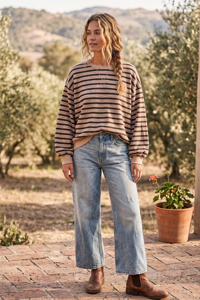 Oversized Melange Stripe French Terry Pullover Sweatshirt