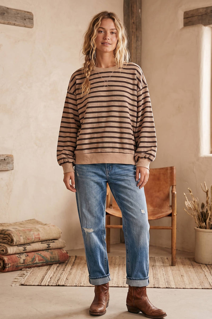 Oversized Melange Stripe French Terry Pullover Sweatshirt