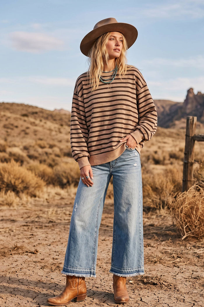 Oversized Melange Stripe French Terry Pullover Sweatshirt