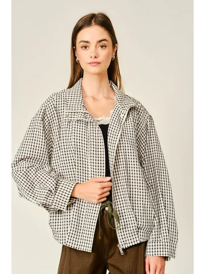 Plaid Funnel Neck Bomber Jacket