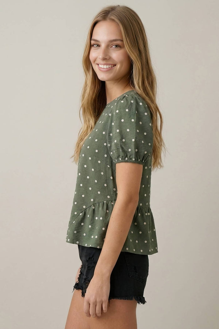 POLKA DOT SSLV PEPLUM BLOUSE - 45917T
