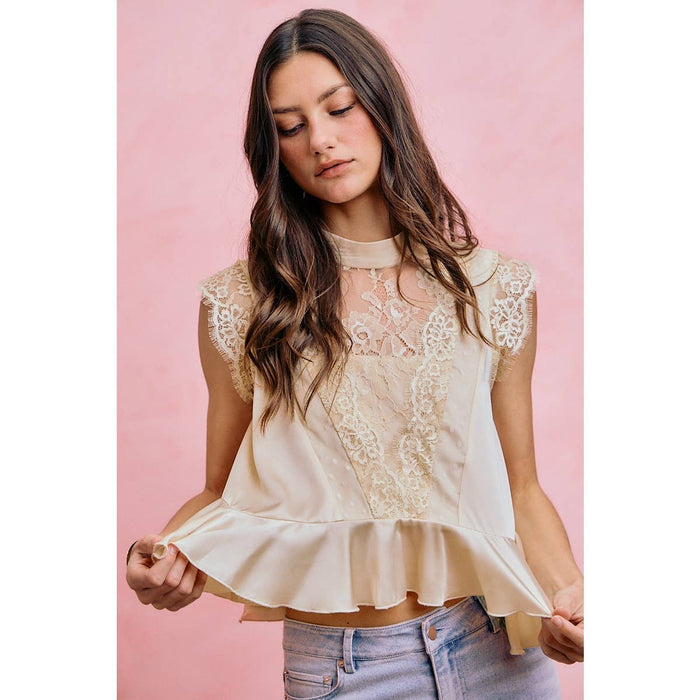 SATIN MOCK NECK LACE TRIM PEPLUM BLOUSE TOP