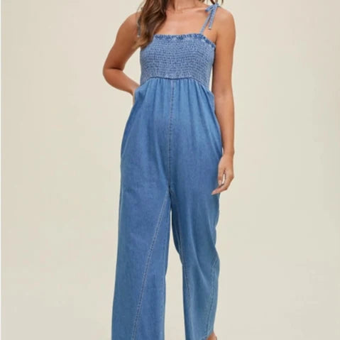 Smocked Bust Denim Jumpsuit
