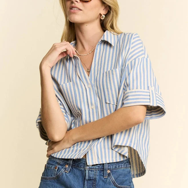 Stripe Collar Short Sleeves Shirt - Blue/Cement