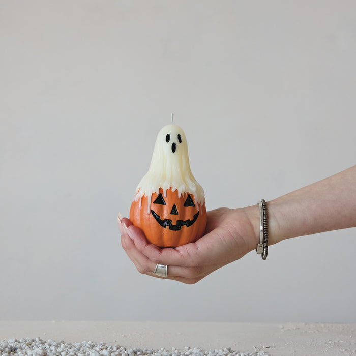 Unscented Ghost on Top of Jack-O-Lantern Shaped Candle