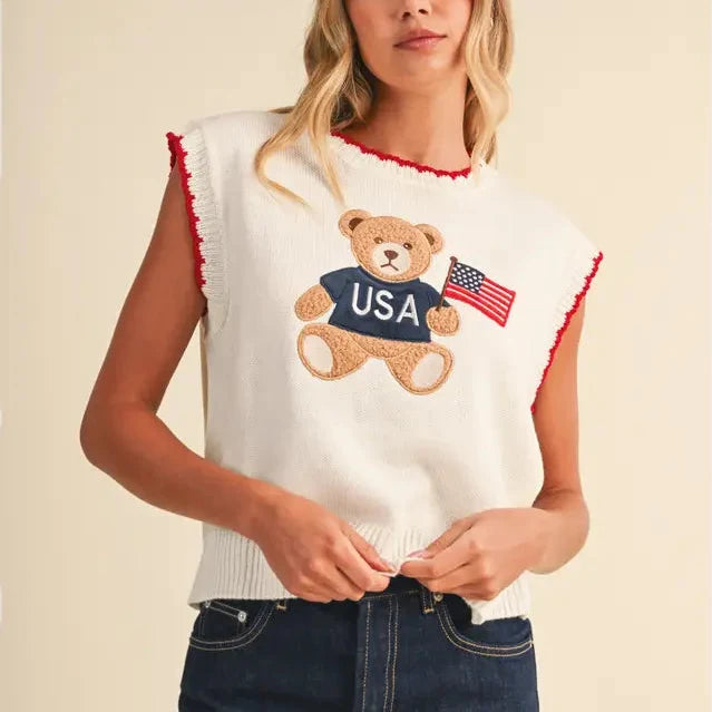 USA Flag Teddybear Sweater Vest Top
