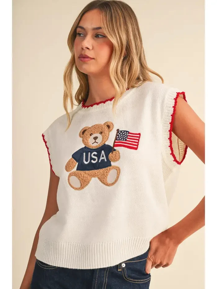 USA Flag Teddybear Sweater Vest Top