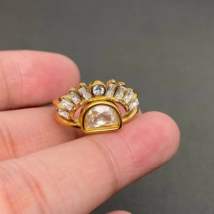 Zircon Inlaid 18K Gold Plated Stainless Steel Stacking Ring